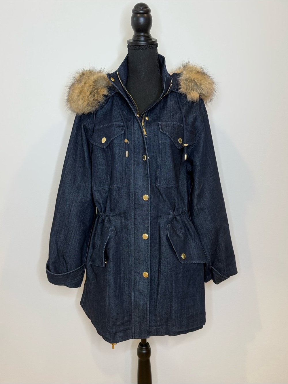 Michael Kors Dark Blue Denim Utility Parka with Faux Fur Trim